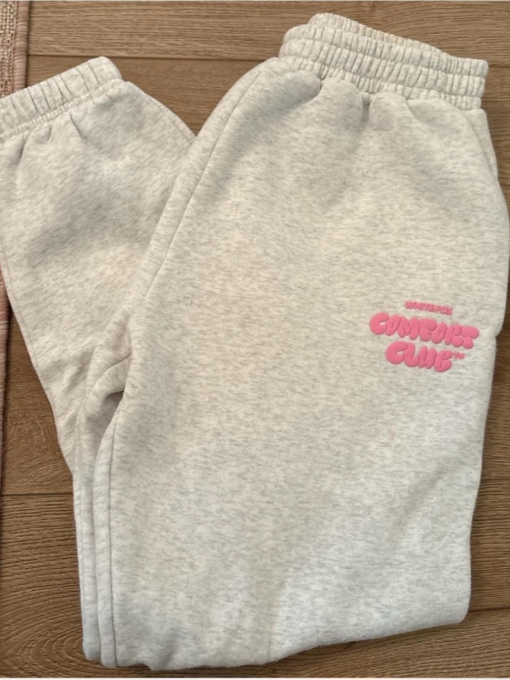 White Fox Boutique Sweatpants in Light Gray with Pink Logo